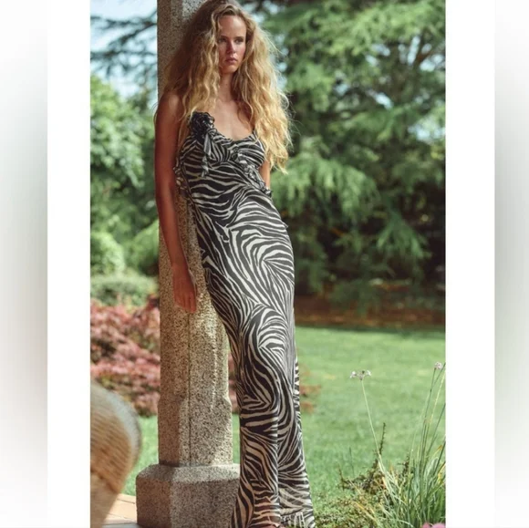 Zara Ruffled Maxi Dress Zebra Size S - Picture 7 of 11